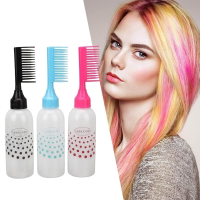 Picture of 3 pcs Root Comb Applicator Bottle,  Hair Oil Applicator Colorful Plastic Squeeze Bottle Applicator Brush, Hair Dye Bottle Brush with Graduated Scale, for Hair Dye Barber Salon-Multicolor