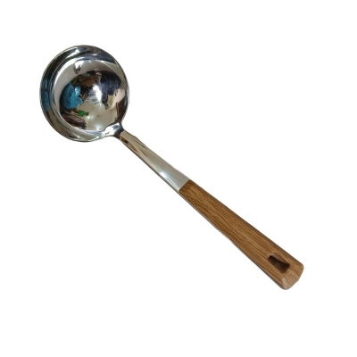 Picture of Silver 9-Inch Stainless Steel Big Soup Spoon – Wooden Color Plastic Cover Handle – Ideal for Cooking & Serving – Mirror Polish, Non-Magnetic – 1 Piece-Silver