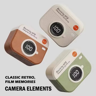 Picture of X73 Retro Camera Leather Grain Design Wireless Earbuds Semi-In-Ear Earphones With Screen Digital Display and Gaming Low Latency - Multicolor