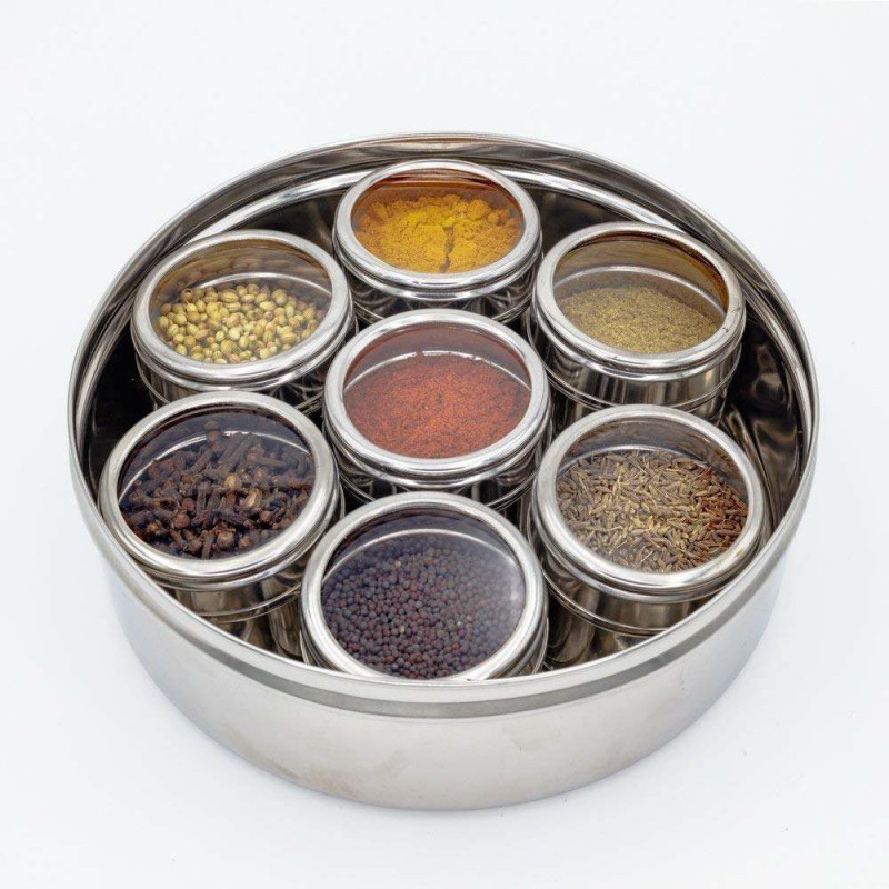 Picture of Stainless Steel Double See Through With Whole Shaker With See Through Spice Box, Masala Container for Kitchen, Steel Masala Boxes for Kitchen, 7 spice masala box, 20 cm-Silver