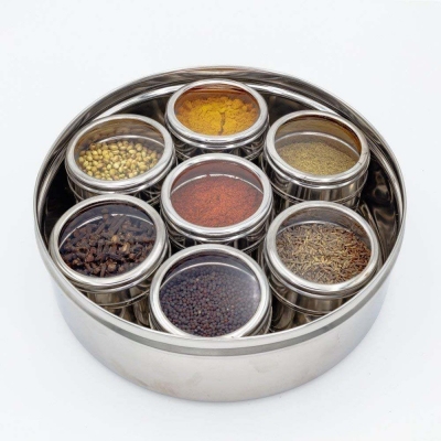 Picture of Stainless Steel Double See Through With Whole Shaker With See Through Spice Box, Masala Container for Kitchen, Steel Masala Boxes for Kitchen, 7 spice masala box, 20 cm-Silver