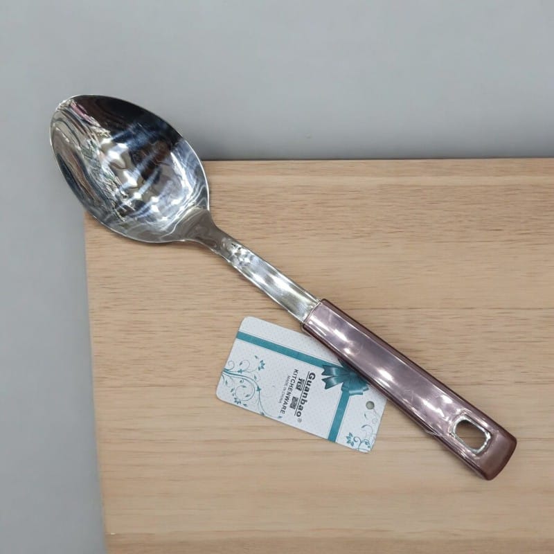 Picture of Stainless Steel Long Rice Spoon, 10-Inch – Mirror Polish, Non-Magnetic, Silver, with Multiple Color Plastic Handle. Perfect for Cooking & Serving.-Silver