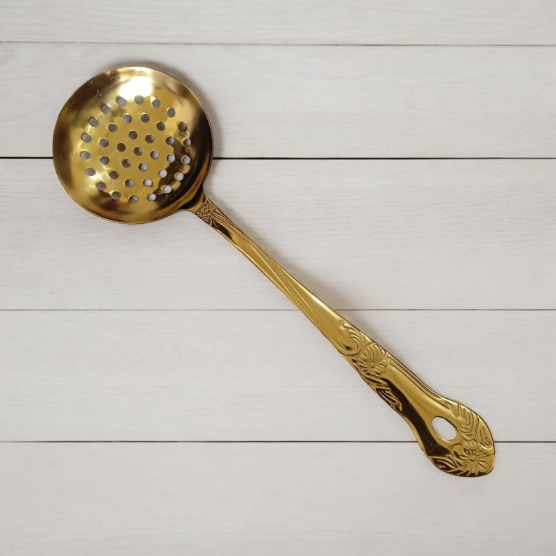 Picture of Golden Round Slotted Kitchen Spoon, 10 Inch Stainless Steel - Ideal for Cooking and Serving - Mirror Polish Finish, Stylish and Durable-Gold