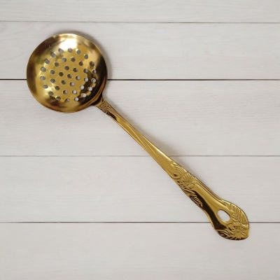 Picture of Golden Round Slotted Kitchen Spoon, 10 Inch Stainless Steel - Ideal for Cooking and Serving - Mirror Polish Finish, Stylish and Durable-Gold