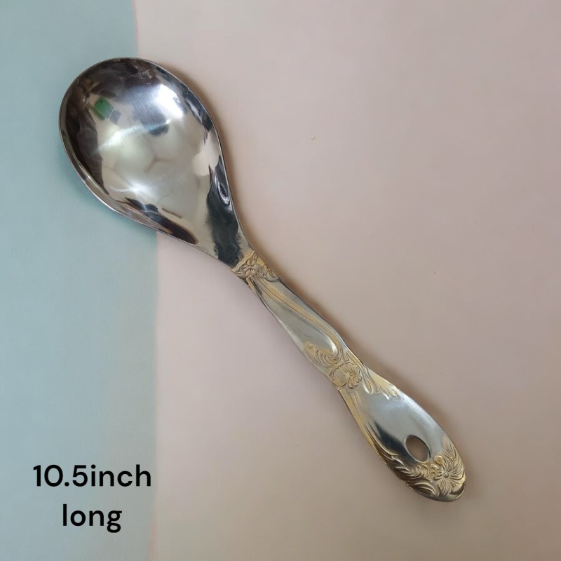 Picture of Silver Stainless Steel Rice Spoon - 10 Inch, Mirror Polish with Golden Cutting Print Handle-Silver