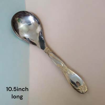 Picture of Silver Stainless Steel Rice Spoon - 10 Inch, Mirror Polish with Golden Cutting Print Handle-Silver