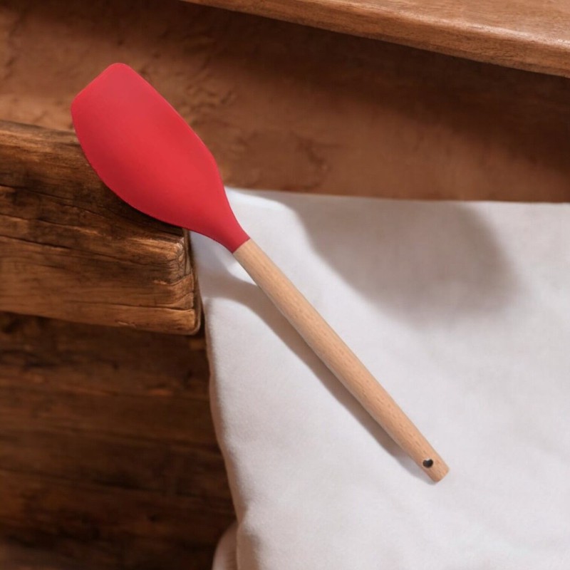 Picture of Silicone Cream Spatula with Wooden Handle – Heat-Resistant – Non-Stick Pastry Blender – Soft Butter & Cake Mixer-Red