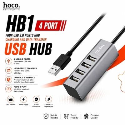 Picture of Hoco HB1 4 Port USB 2.0 Aluminum Alloy Hub - Ash Grey