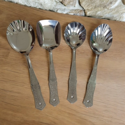 Picture of Rosy Kitchen Spoon Set: Stainless Steel, 10 Inch, Includes Solid Turner, Big Soup, Serving, and Rice Spoons. Silver with Mirror Polish, Matches Design in Picture. Perfect for Versatile Cooking and Serving Needs.-Silver