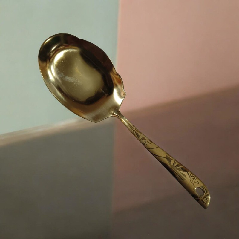 Picture of Golden 10-inch Stainless Steel Rice Spoon – Cooking & Serving – Mirror Polish, Laser-Printed Handle – 1 Piece-Gold