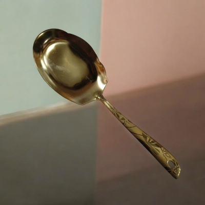 Picture of Golden 10-inch Stainless Steel Rice Spoon – Cooking & Serving – Mirror Polish, Laser-Printed Handle – 1 Piece-Gold