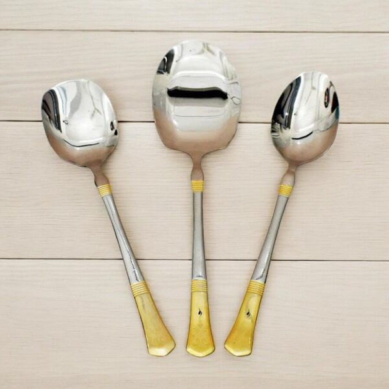 Picture of 3-Piece Set: 12 Inch Stainless Steel Spoons - Mirror Polish, Non-Magnetic, Silver with Golden Design, Includes Big Rice Spoon, Curry Serving Spoon, and Flat Turner Spoon, Durable with Laser Print Detailing, Ideal for Cooking and Serving-Silver