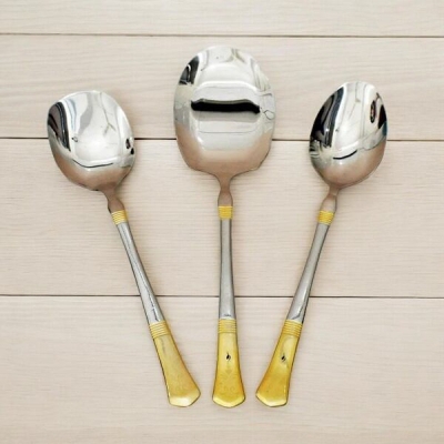 Picture of 3-Piece Set: 12 Inch Stainless Steel Spoons - Mirror Polish, Non-Magnetic, Silver with Golden Design, Includes Big Rice Spoon, Curry Serving Spoon, and Flat Turner Spoon, Durable with Laser Print Detailing, Ideal for Cooking and Serving-Silver