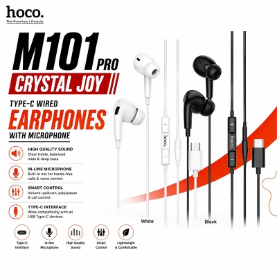 Picture of Hoco M101 Pro - Crystal Sound Wire-Controlled Digital Earphones With Microphone, Plug: Type-C, Cable Length: 1.2m, Compatible With Huawei Xiaomi OnePlus iPad Pro/iPad Air With Type-C - Black, Wired - Black