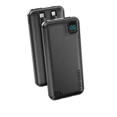 Picture of VEN-DENS PB060 10000mAh 22.5W Fast Charging Power Bank with Digital Display & Built-in Type-C + Lightning Cables - Black