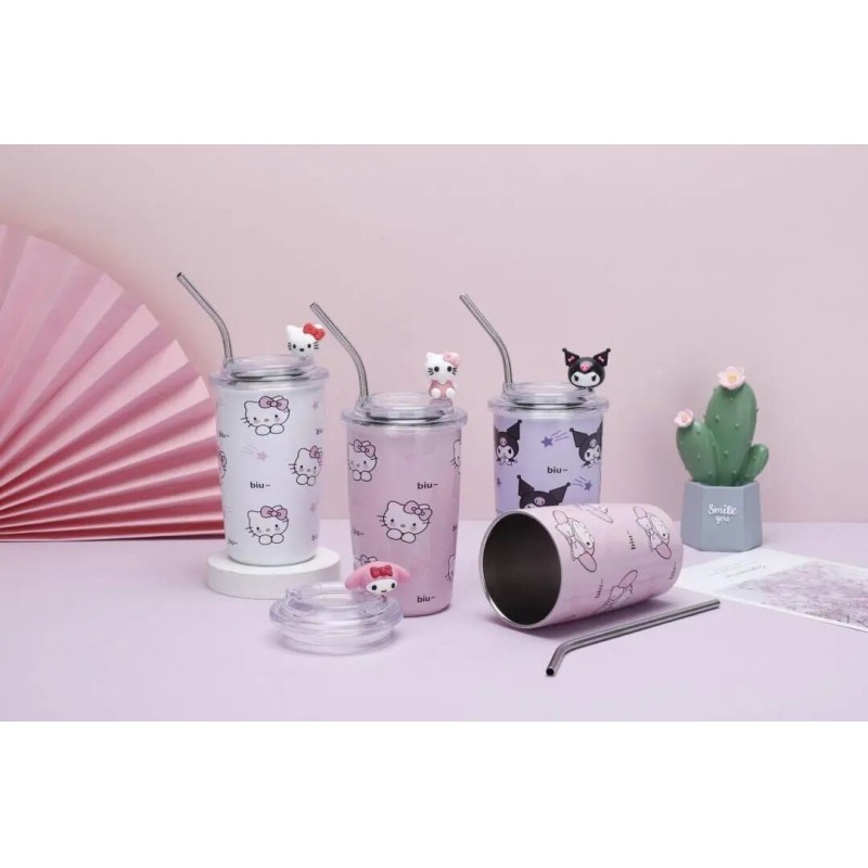 Picture of Sanrio Kawaii Sippy Cup Anime Figure Hello Kitty Good Looking Doll 450Ml Straight Drink Insulation Cooler Car Girls Cup with stainless steel straw-Purple
