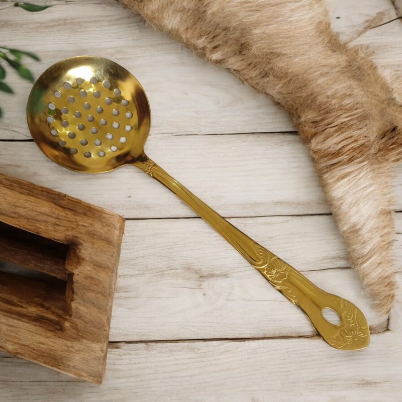 Picture of Golden Round Slotted Kitchen Spoon, 10 Inch Stainless Steel. Mirror Polish Finish, Ideal for Cooking and Serving.-Gold