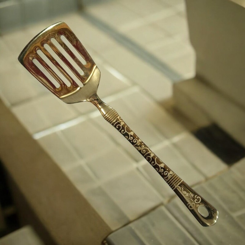 Picture of Golden 10-Inch Stainless Steel Slotted Turner Spoon – Cooking & Serving – Mirror Polish, Laser-Printed Handle – 1 Piece-Gold