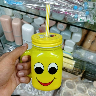 Picture of 1 pcs Emoji Yellow Glass Mug With Straw-Yellow
