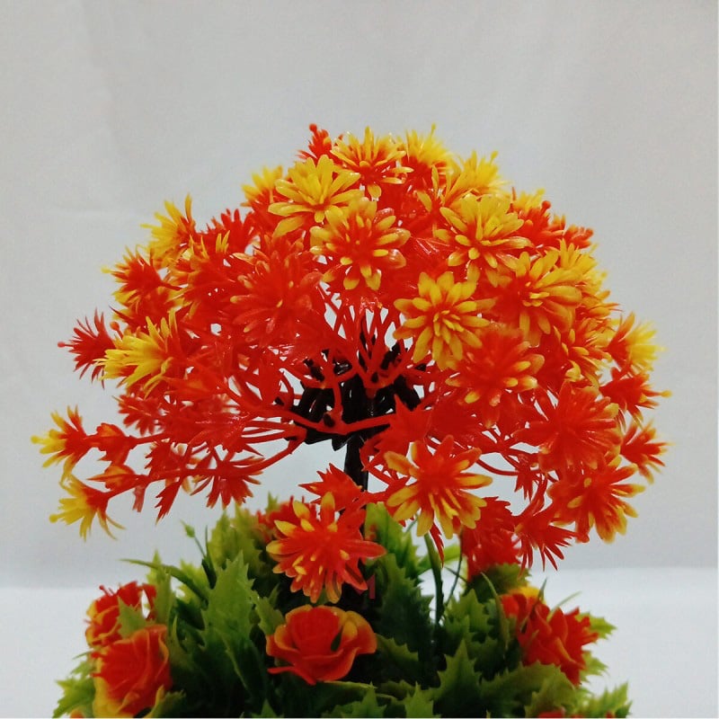 Picture of 2 layer Flower Bonsai Artificial Grass Plants with Pot for Home Decor Decorative Office Indoor Decor Red-Yellow-Yellow