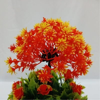 Picture of 2 layer Flower Bonsai Artificial Grass Plants with Pot for Home Decor Decorative Office Indoor Decor Red-Yellow-Yellow