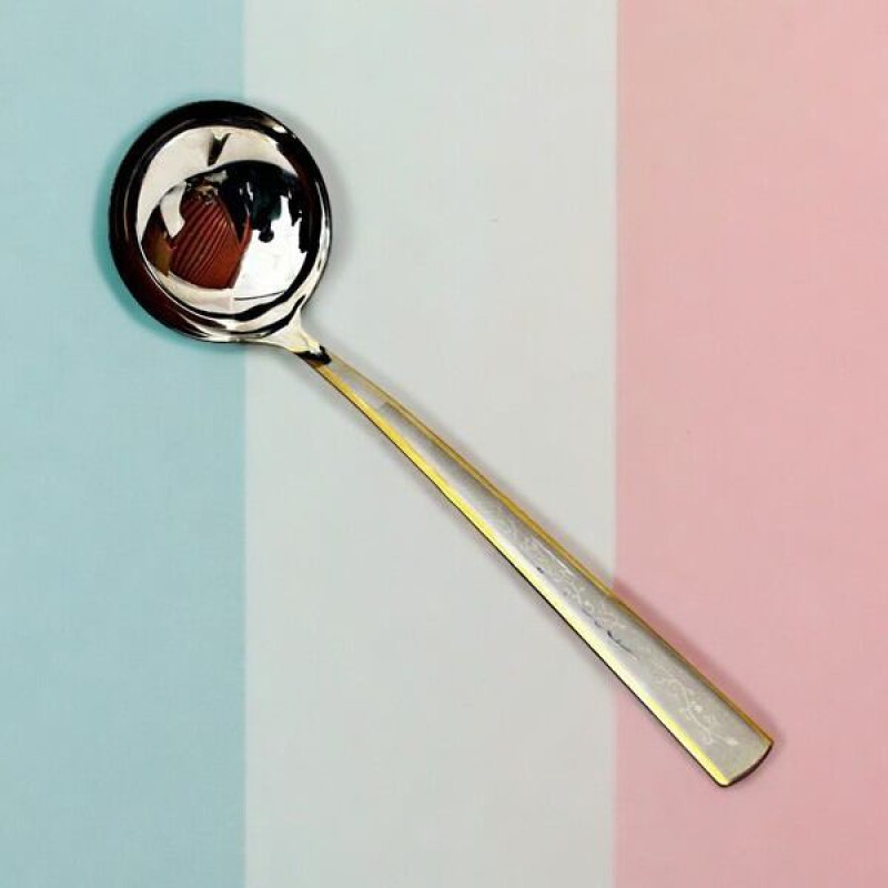 Picture of 10.7 Inch Big Rice Spoon - Mirror Polish, Non-Magnetic, Stainless Steel, Silver with Golden Design, Ideal for Cooking and Serving, Durable and Elegant, Perfect for Home and Professional Kitchens, Single Piece-Silver
