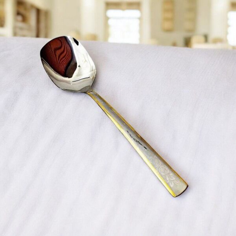 Picture of 9.7 Inch Silver Stainless Steel Curry Spoon - Mirror Polish Finish with Elegant Golden Handle, Non-Magnetic for Easy Use-Silver