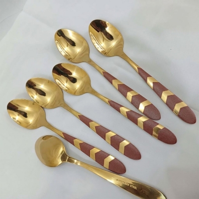 Picture of AYD 6 pcs golden color tea spoon red design tea spoon 16cm long golden color tea spoon best for cutlery tableware-Gold
