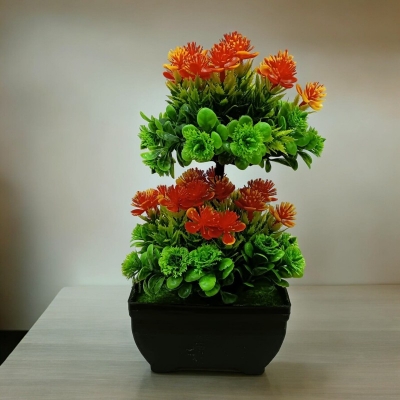 Picture of Artificial Bonsai Tree: 2 Heads, Multiple Color Flowers, Plastic Vases for Office Table Decoration, Gram Beauty Flower Included-Multicolor