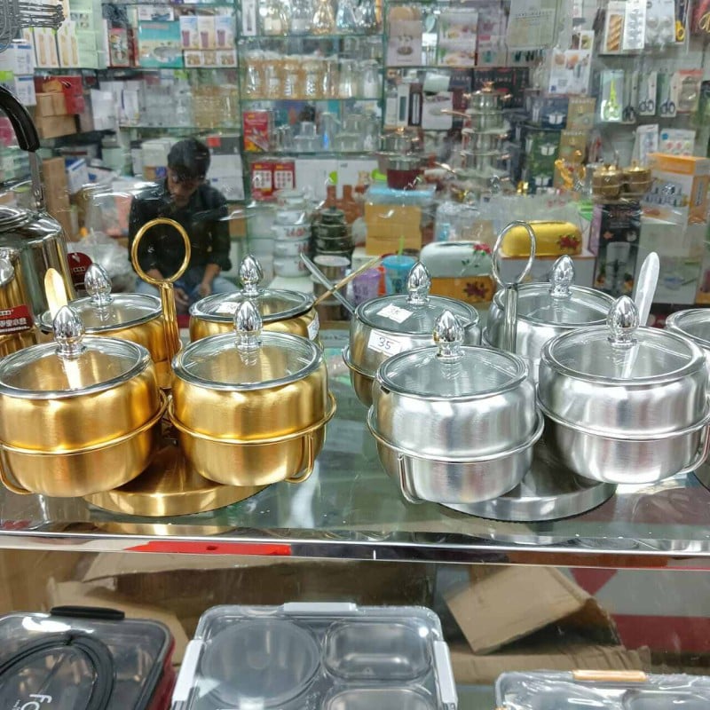 Picture of 4 Pcs Stainless Steel Spice Jar with Revolving Stand silver color-Silver