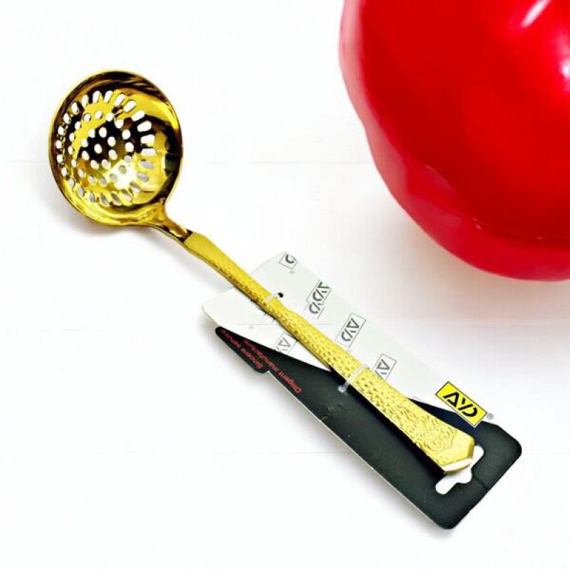 Picture of Golden 9-Inch Stainless Steel Cooking Skimmer - Round Slotted Spoon with Mirror Polish for Cooking and Serving - Durable and Stylish Kitchen Utensil - 1 Piece-Gold