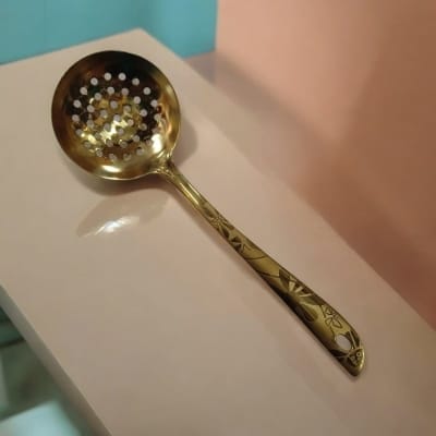 Picture of Golden 10-inch Stainless Steel Slotted Spoon – Cooking & Serving – Mirror Polish, Laser-Printed Handle – 1 Piece-Gold