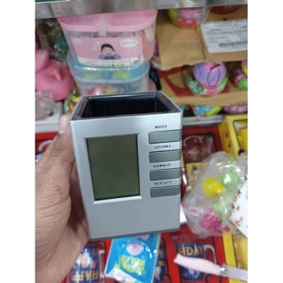 Picture of Multifunctional Digital Desk Pen Holder Pen Holder Desk Organiser LED Alarm Clock Thermometer Calendar Display-Silver