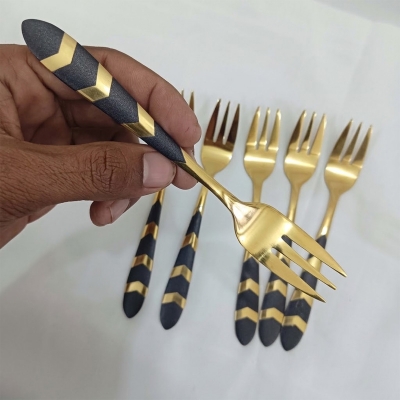 Picture of AYD 6 pcs golden color fork spoon Black design spoon 16cm long golden color fork spoon best for cutlery tableware-Gold
