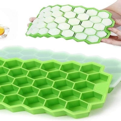 Picture of Ice Cube Tray with Silicon Ice Mold Trays Flexible Silicone Honeycomb Design 37 Cavity Ice Cube Tray with Lid Multicolor-Multicolor