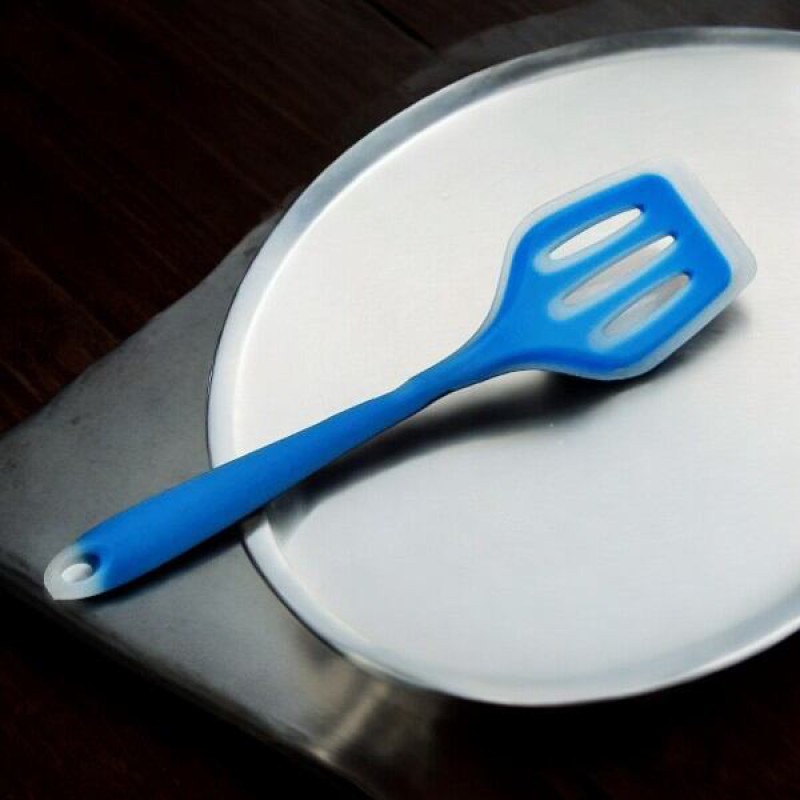 Picture of 12-Inch Multicolor Silicone Cooking Spoon - Non-Stick Slotted Turner Spatula, Full Silicone Build, High Heat Resistant - Perfect for Non-Stick Pots - 1 Piece-Blue