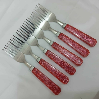 Picture of Dining Fork 6-Pieces Set for Kitchen and Dining Table Steel with Glitter Red Plastic Handle Fork Spoon Set for Home and Kitchen (Set of 6)-Red