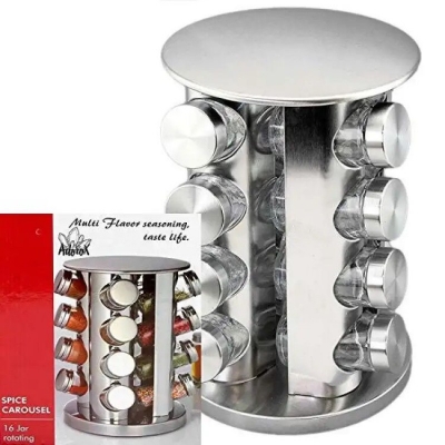Picture of Set of 20 Spice Jars | Round Spice Rack |  Seasoning Dried Herbs Storage Organization | Stainless Steel Rotating Countertop Spice Holder Shelf for Kitchen Cabinet Organizer-Silver