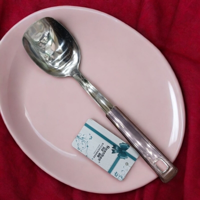 Picture of Silver Stainless Steel Solid Turner Spoon - 10 Inch, Mirror Polish, Non-Magnetic with Plastic Cover Handle-Silver