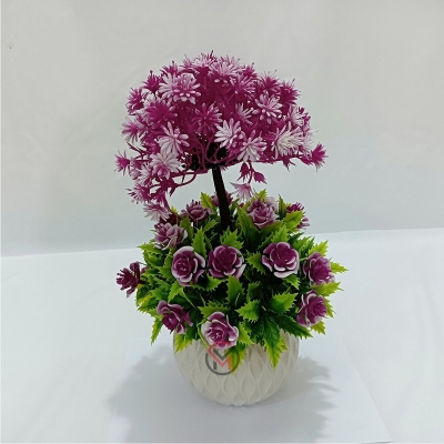 Picture of 2 layer Flower Bonsai Artificial Grass Plants with Pot for Home Decor Decorative Office Indoor Decor Purple-Purple