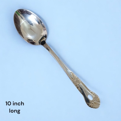 Picture of Silver Stainless Steel Long Rice Spoon - 10 Inch, Mirror Polish, Golden Cutting Print Handle, Ideal for Cooking and Serving-Silver