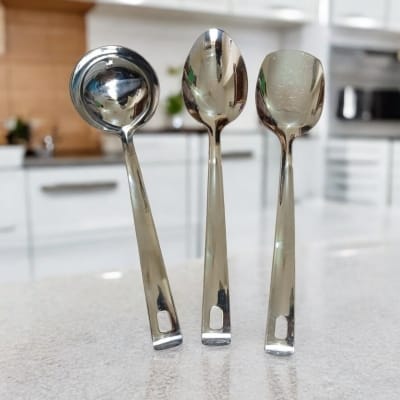 Picture of Set of 3 Stainless Steel Kitchen Spoons, 10 Inch: Solid Turner, Big Soup, and Serving Spoons, Silver Finish. Non-Magnetic with Mirror Polish, Ideal for Cooking and Serving, Ensuring Versatility.-Silver