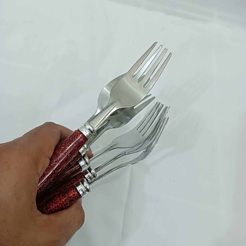 Picture of 6 pcs colorful handle stainless steel Fork spoon set 15 cm long-Red
