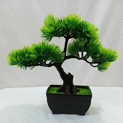 Picture of Artificial Bonsai Tree with 3 Green Heads and Plastic Vases for Office Decoration, Gram Beauty Flower-Multicolor