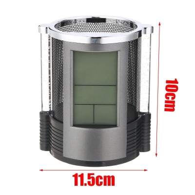 Picture of Digital LCD Desk Alarm Clock Pen Holder Mesh Pen Pencil Holder With LED Light Pens Rulers Office Desk Organizer-Multicolor