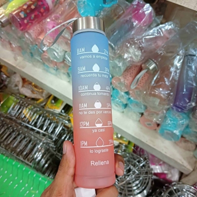 Picture of 1pc 300ml large capacity pink gradient PC water bottle, with sticker sports and fitness portable straw cup, for home and travel outdoor use-Multicolor