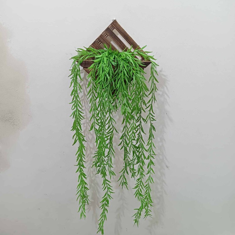 Picture of Artificial Wall Hanging: 90cm Green Leaves + 3 Rubber Peperomia Trees with Triangle Bamboo Holder-Multicolor