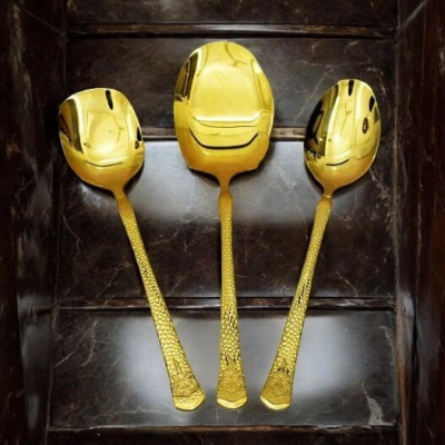 Picture of 12 Inch Stainless Steel Spoon Set - 3-Piece: Mirror Polish, Non-Magnetic, Golden Design, Includes Big Rice Spoon, Curry Serving Spoon, and Flat Turner Spoon-Gold