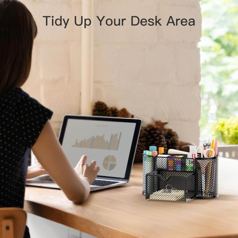 Picture of Desk Organizer Mesh Desktop Office Supplies Multi-functional Caddy Pen Holder Stationery with 8 Compartments and 1 Drawer for Office, Home, School, Classroom by Pipishell-Black