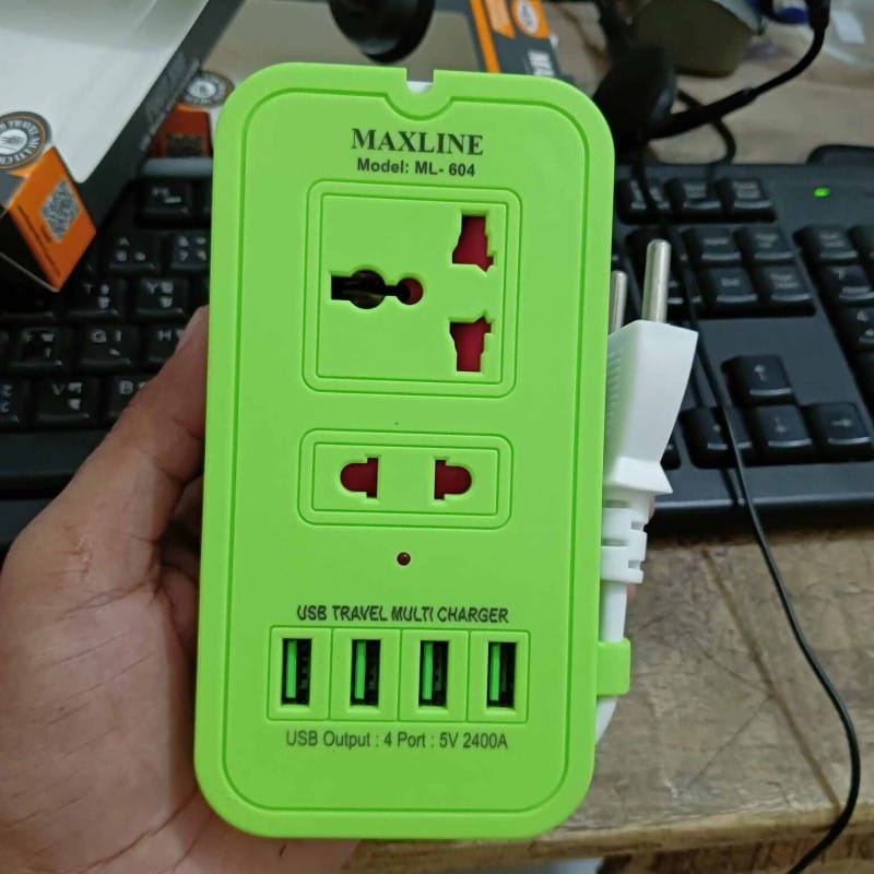 Picture of 1 pcs Maxline Smart 4 USB Port & 2 Power Socket travel multi charger with multi plug 6 Feet long cable-Multicolor